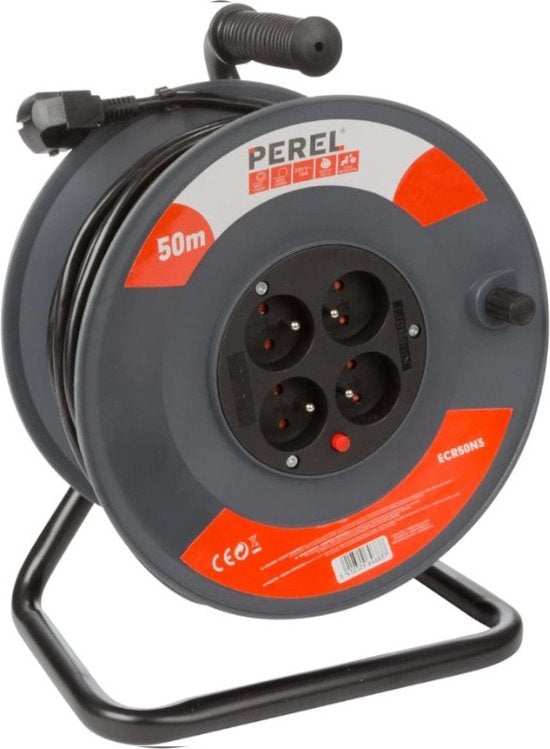 Perel Enrouleur de câble 50 M - 3G1.5 - Broche-terre - 4 prises