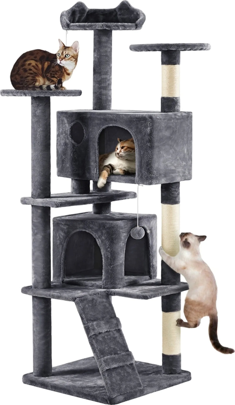 Arbre à chat Yaheetech avec 2 grottes - 178 cm de haut - 54 x 54 cm - Gris foncé