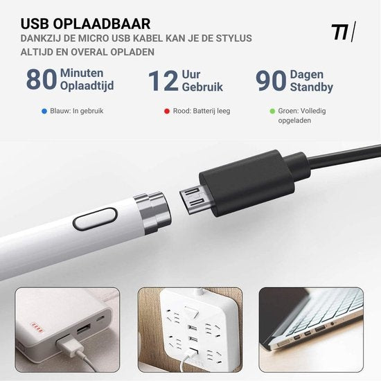 Tikkens Stylet - Crayon actif 2 en 1 pour tablette, Ipad, téléphones Android et Apple - Blanc