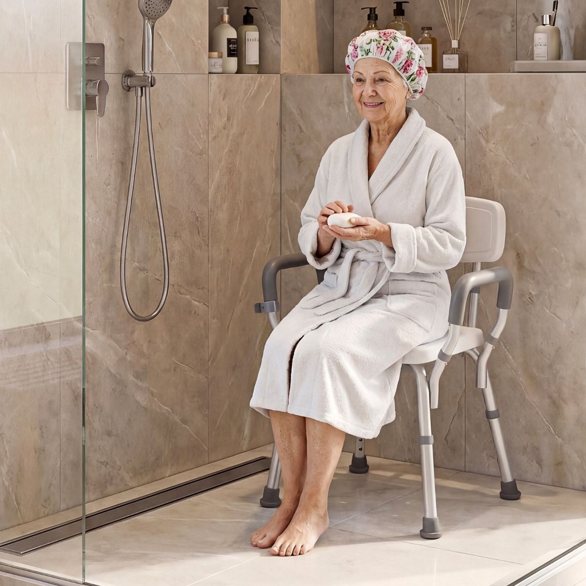 Chaise de douche Coast avec dossier - accoudoirs rembourrés - réglable sur 6 hauteurs - blanc et argent
