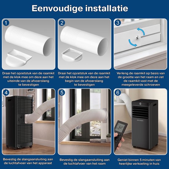 Climatiseur portable Eriksson - 10 000 BTU - Kit d'étanchéité pour fenêtre inclus - Jusqu'à 30 m² - 4-en-1 - Climatisation - Ventilateur - Déshumidificateur - Noir