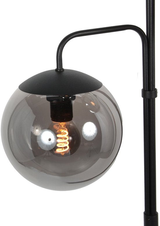 Lampadaire Bollique 4611ZW de Steinhauer - Élégant modèle en métal noir avec 3 boules en verre fumé, hauteur 173 cm, pied rond de 40 cm, idéal pour un usage intérieur