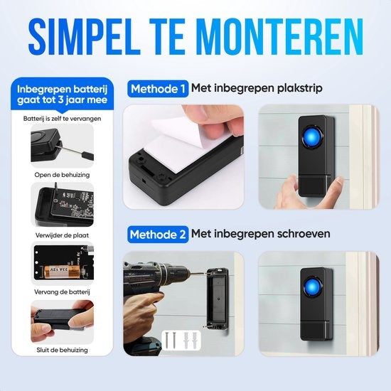 Sonnette de porte sans fil Strex avec 2 récepteurs - Plug & Play - 300 mètres - 4 volumes / 58 mélodies - IP55 Waterproof