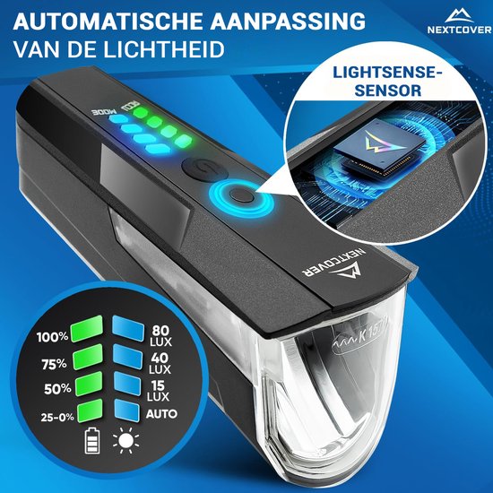 Kit d'éclairage pour vélo Nextcover - 80 lux - Rechargeable par USB - LightSense - StVZO - Noir