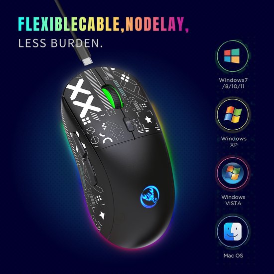 HXSJ T90 2.4G Silent Wireless Gaming Mouse - Bluetooth - Souris d'ordinateur - Ultra légère - Eclairage RGB - Noir