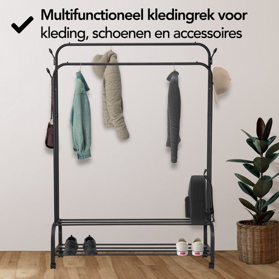 Brixy Rack à vêtements - Rack à vêtements double - Rack à penderies sur roulettes - Rack à vêtements avec porte-chaussures - 98 x 34 x 159 cm - Noir