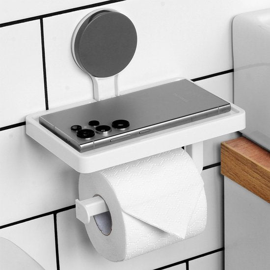 Bathroom Solutions - Porte-rouleau de papier toilette avec étagère - Plastique blanc - Fixation par ventouse - Design classique