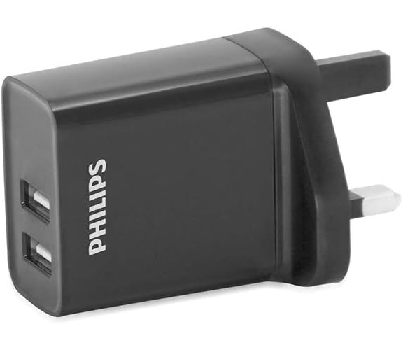 PHILIPS DLP2610/05 - Chargeur mural USB - Prise 3 broches - 2 ports de charge USB - Noir
