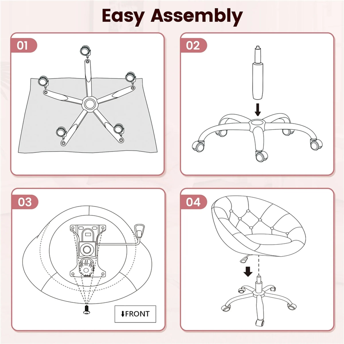Yaheetech : fauteuil pivotant confortable de forme tonneau, 78-88 cm – rose élégant – similicuir et métal