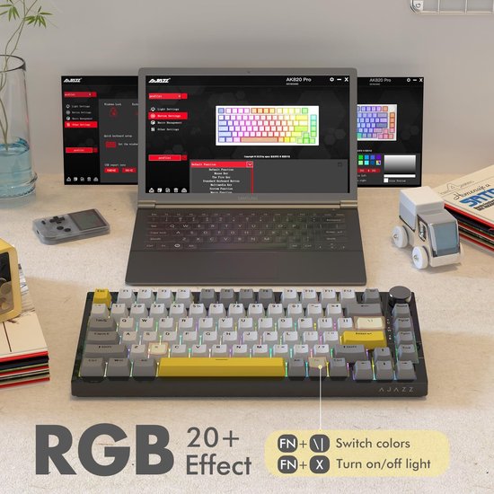 Ajazz AK820 - Clavier gaming RGB filaire à 75 % - Mécanique - Gasket - Hot Swap - Bouton de volume - Claviers QWERTY - 82 touches - Jaune clair de lune