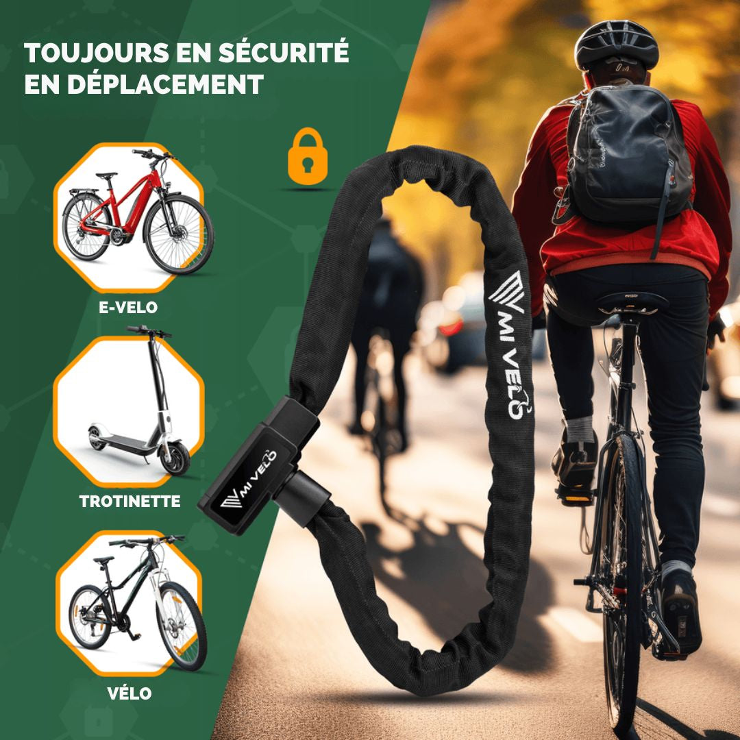 Cadenas de chaîne pour vélo - MIVELO - 100 cm de long et 8 mm d'épaisseur - Acier noir et trempé - Verrouillage à clé sécurisé - Pour E-bike et Scooter - noir