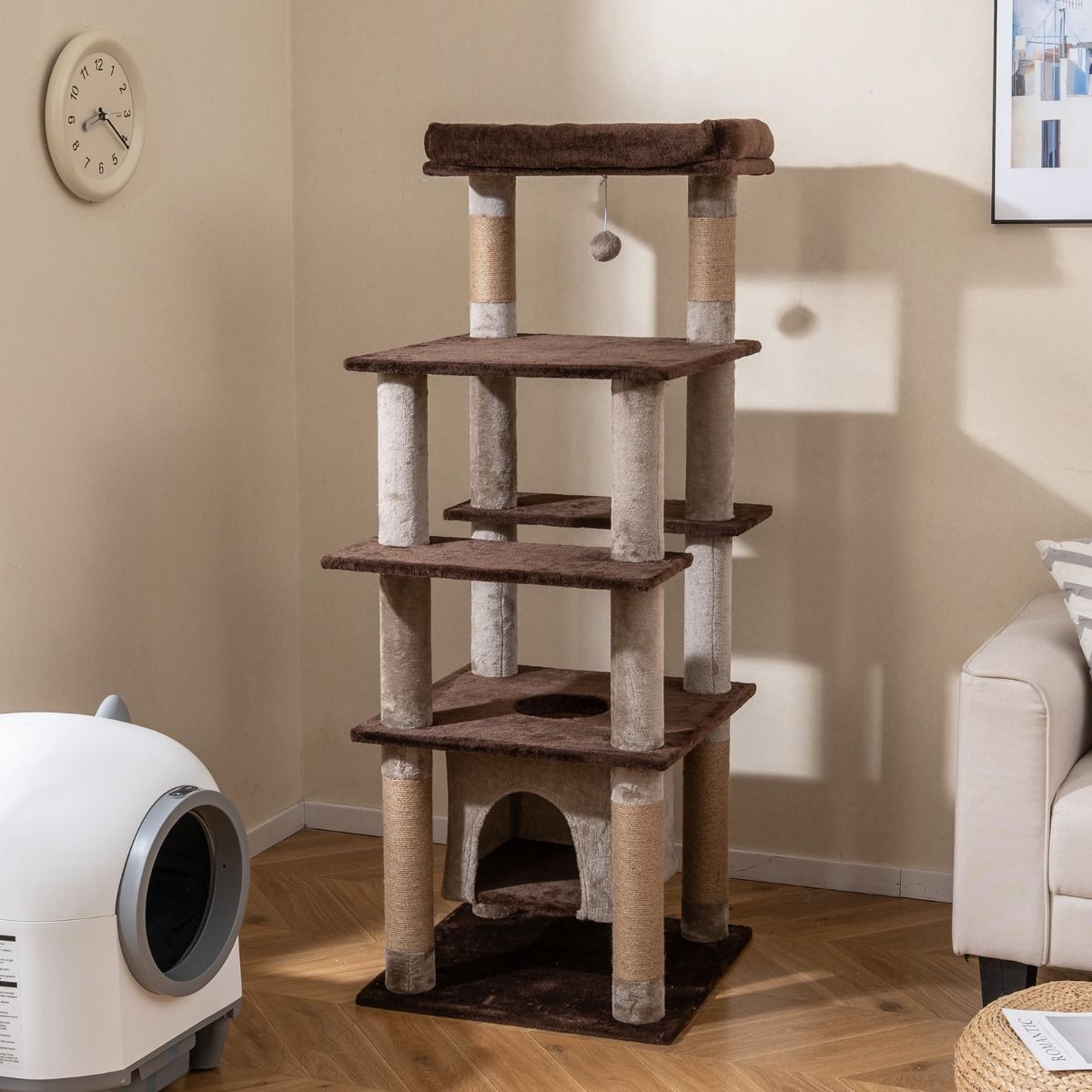 Arbre à chat Coast - plusieurs niveaux - maison pour chat à bascule - panier en peluche - marron - 56 x 56 x 148 cm