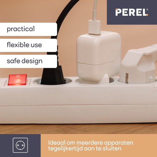 Multiprise Perel avec interrupteur, 4 prises avec broche de terre (type E), câble de 3 m, 3G1,5, usage intérieur, blanc