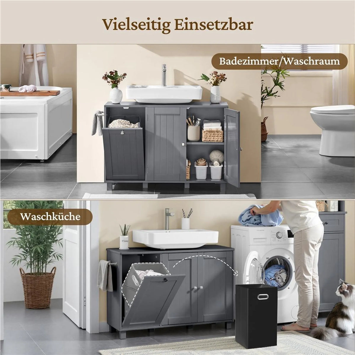 Meuble sous-lavabo Yaheetech avec découpe en U et panier à linge 90 x 30 x 62,5 cm – Gris foncé – MDF et métal
