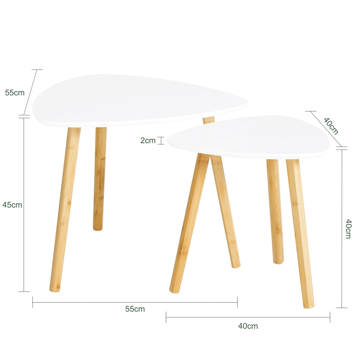 Lot de 2 petites tables avec étagères, table basse, table de salon, petite table, bambou, blanc/naturel