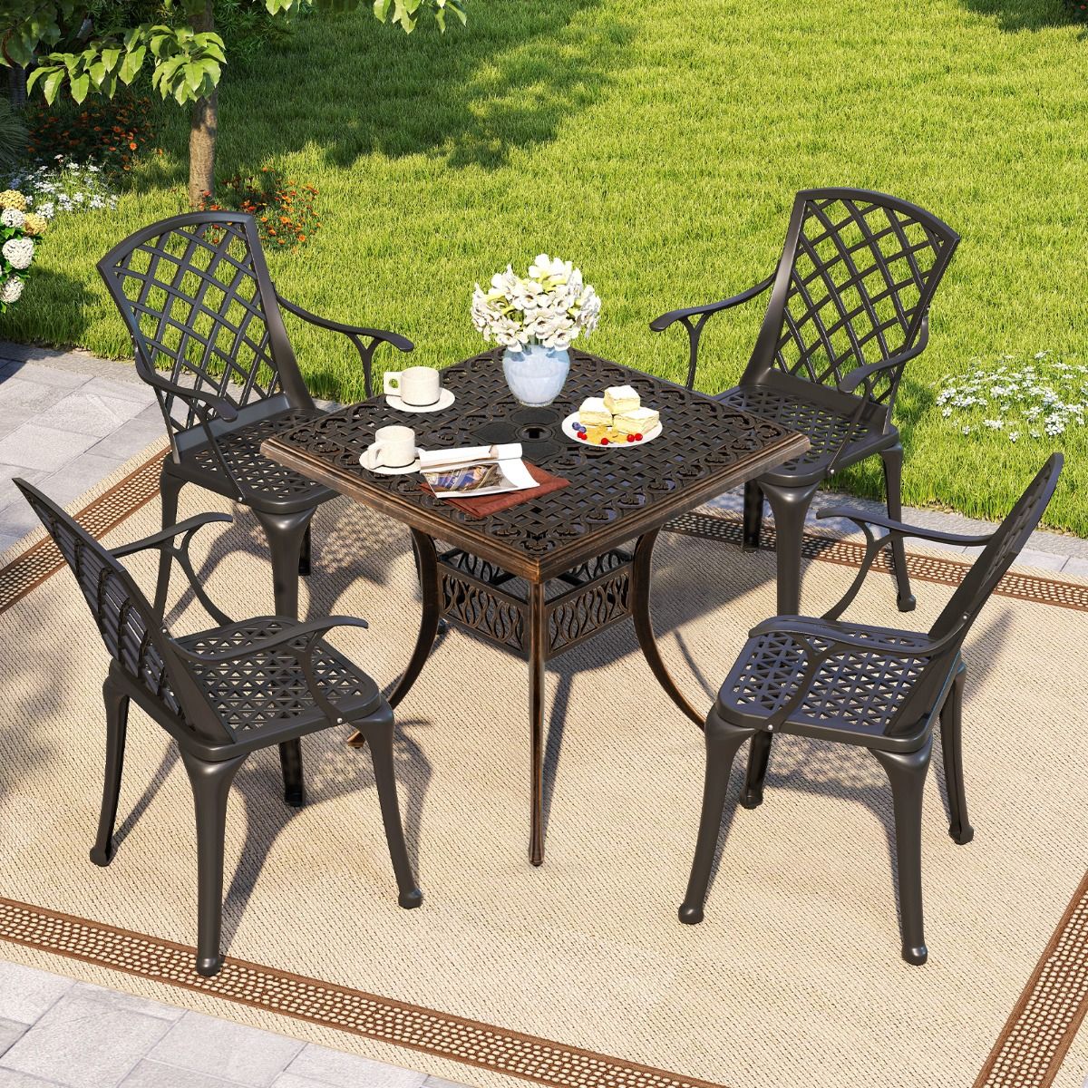 Table de terrasse carrée Coast - Aluminium moulé - Trou pour parasol de 4,8 cm - Bronze - 80 x 80 x 75 cm