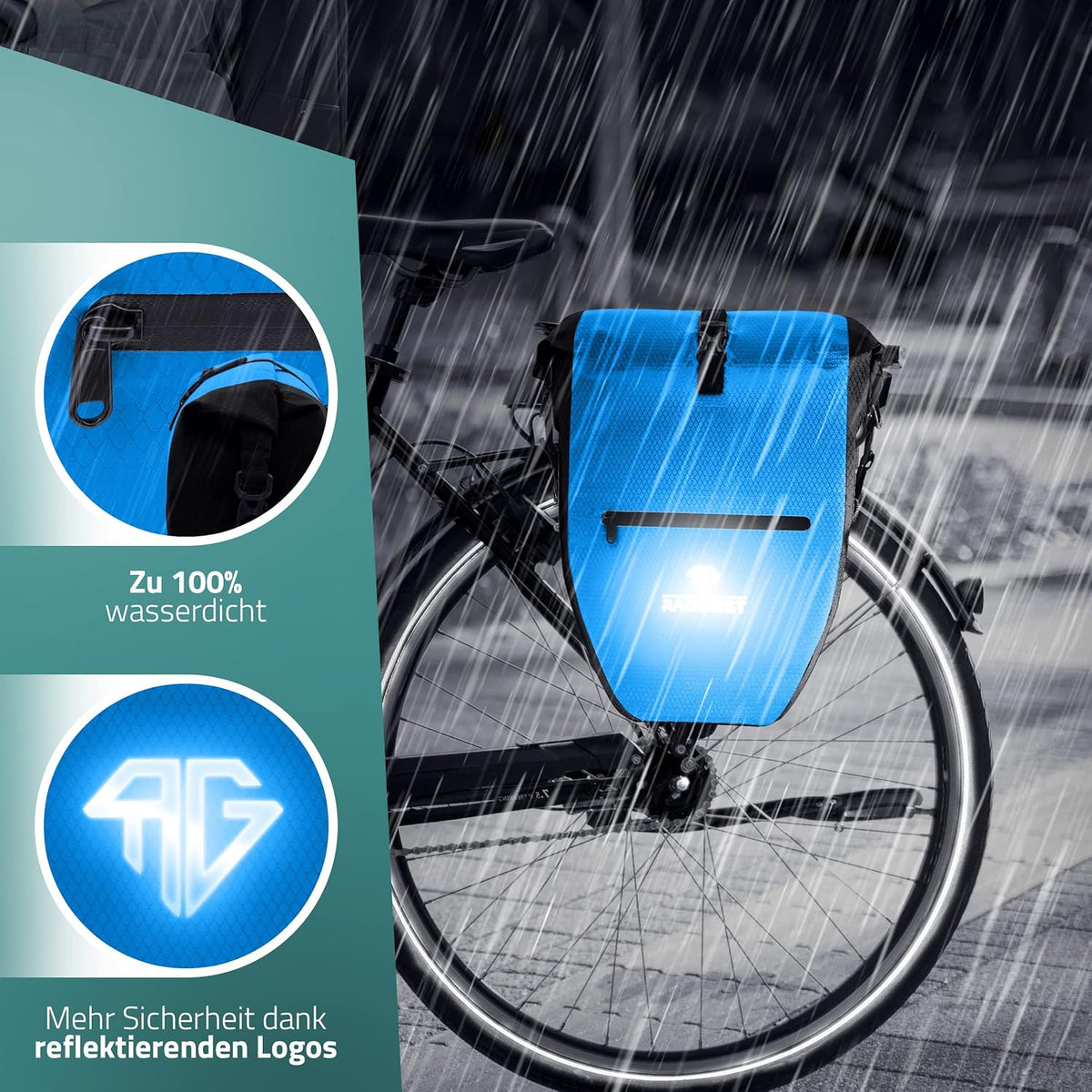 RADGEIST Sacoche pour porte-bagages 23-28L - Sacoche étanche pour vélo et épaule - Bleu - 45 x 32 x 18 cm