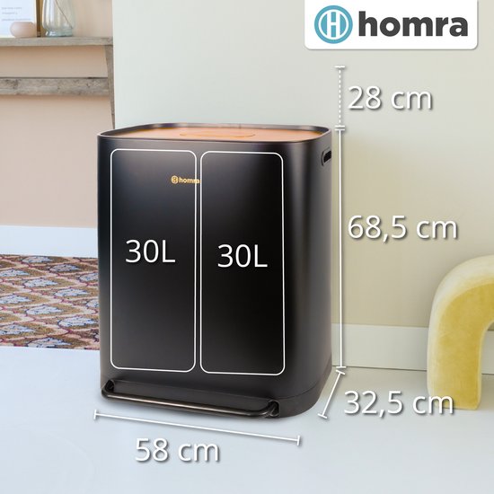 Poubelle Homra Rockx 60 litres - Poubelle à double pédale 2 x 30 L avec filtre anti-odeurs - Poubelle de tri sélectif en acier inoxydable à 2 compartiments - Poubelle de recyclage - Poubelle de cuisine - Poubelle de tri sélectif - Poubelles doubles noir e