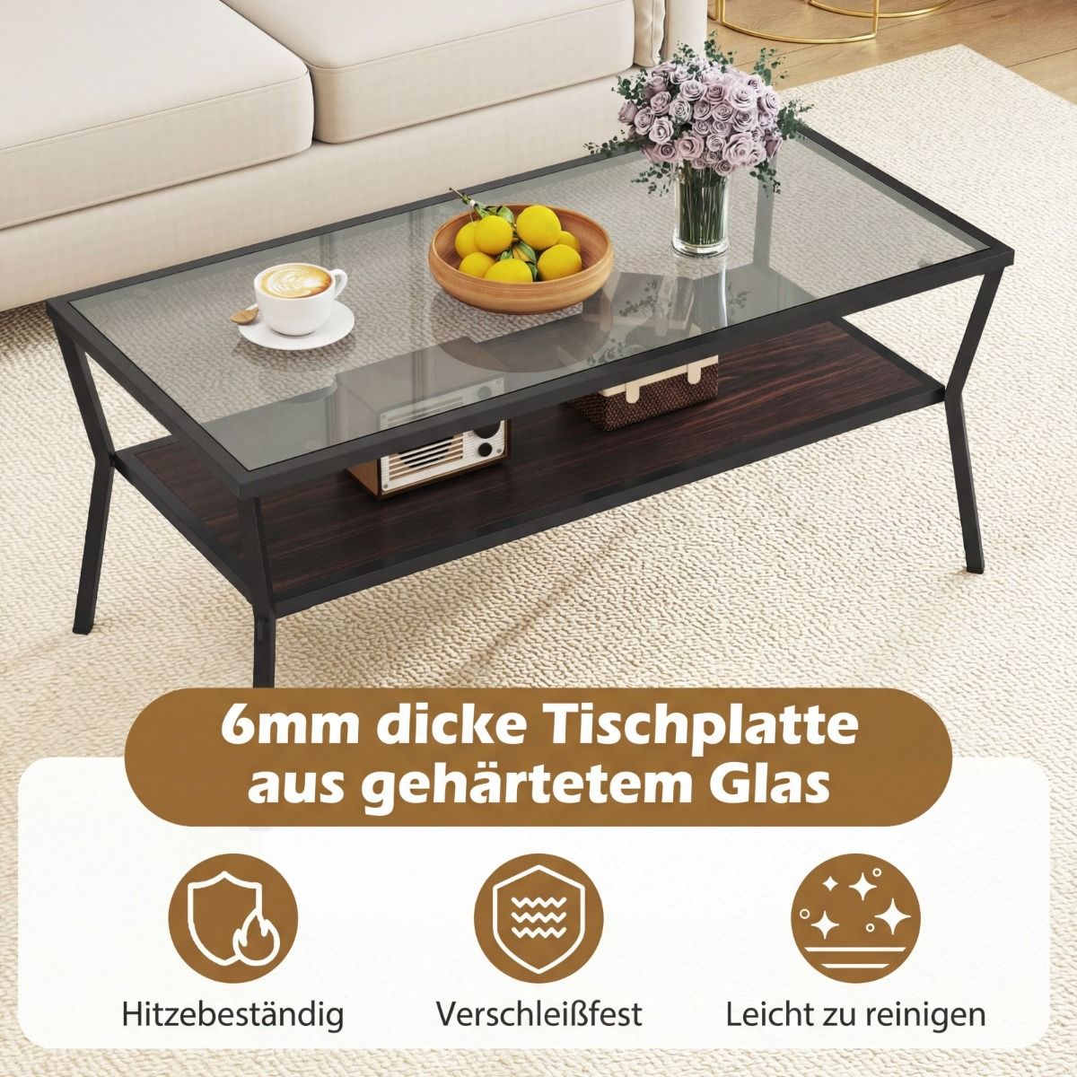 Table basse Coast rectangulaire - plateau en verre trempé - piètement en métal - gris et noir