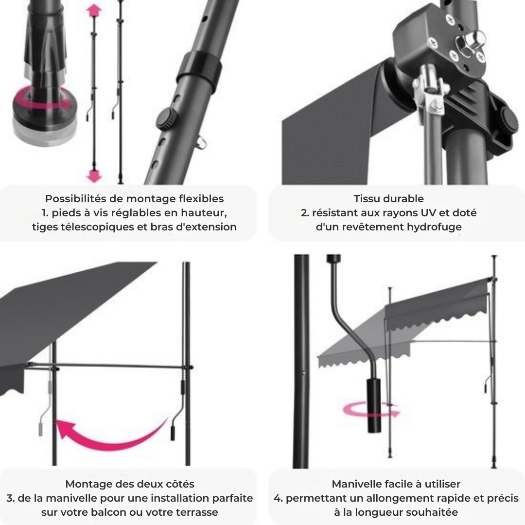 tectake - store à pinces - parasol - store - réglable - store à pinces - parasol balcon - 400 x 180 cm - noir gris - store - 404970