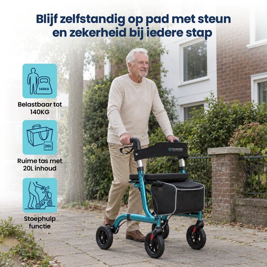 Rollator TrueSafe léger et pliable (6,9 kg) - Pour l'intérieur et l'extérieur - Avec coussin d'assise ergonomique, éclairage, dossier, support pour canne et bien plus encore - Bleu