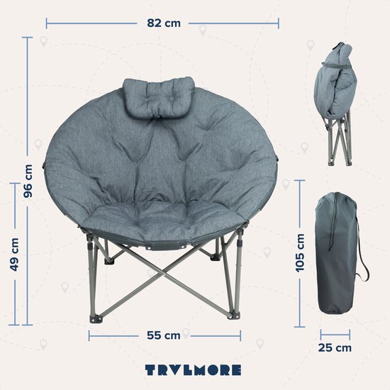 TRVLMORE Chaise de camping - XL - Pliable - Sac de transport inclus - Chaise de camping - Chaise papillon - Capacité de charge 150 kg - Gris