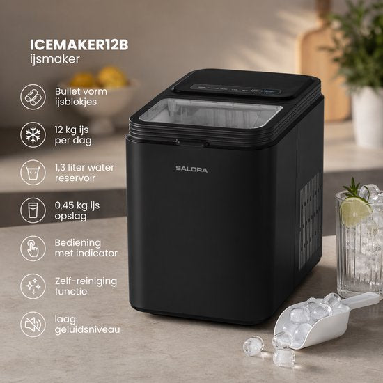 Machine à glaçons Salora ICEMAKER12B - 12 kg par 24 heures - 2 formats de glaçons - Glaçons frais en 6 à 9 minutes - Noir mat