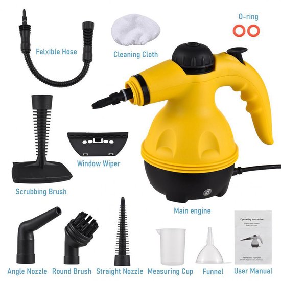 Nettoyeurs vapeur portatifs Fuegobird A001 - Nettoyeur vapeur portable 1 000 W - Détachant - Nettoyeur de tapis - 9 embouts - Sols, canapés, tapis, salle de bains et cuisine - Réservoir de 450 ml - Jaune