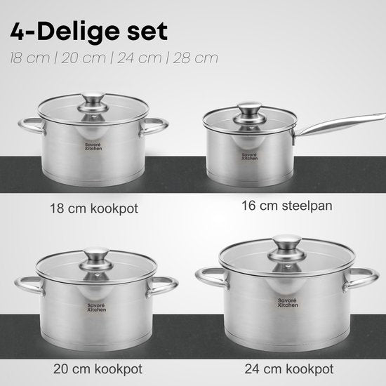 Savoré Kitchen 8-piece stainless steel pan set - Cooking Pans with Glass Lid - Induction Pans - Drain rim, Graduation and Versing Spout