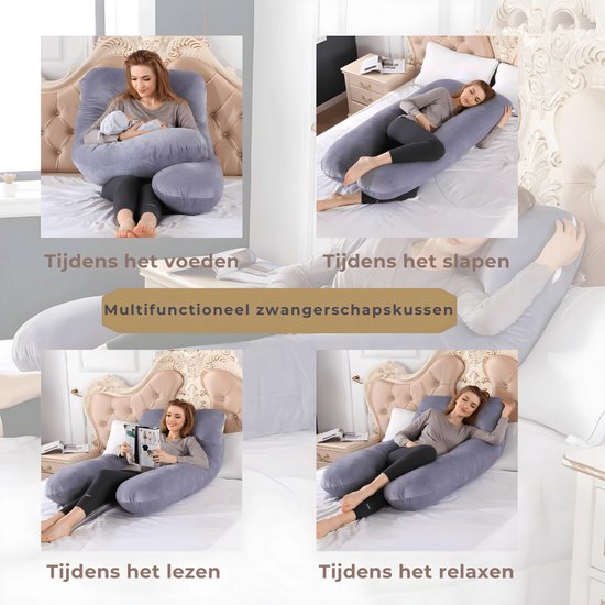 Oreiller de grossesse - XXL en forme de U - Oreiller de corps - Oreiller pour dormir sur le côté - Housse en peluche - Oreiller d'allaitement - 280 cm - Fermeture à glissière - Rheme
