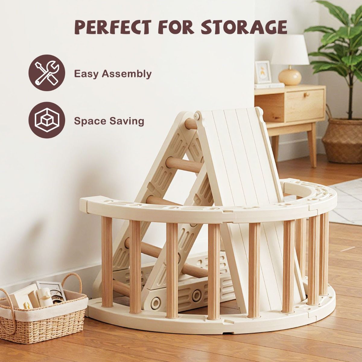 Structure d'escalade Coast Montessori pour enfants - Structure d'escalade en bois 5-en-1 avec arche et échelle double face - beige et café