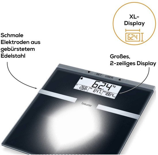 Pèse-personne Beurer BG 21 - Analyse corporelle - IMC/BMR/AMR - Jusqu'à 180 kg - 30 x 31,5 cm - 10 utilisateurs - Grand écran LCD rétroéclairé à 2 lignes - Piles incluses - Garantie de 5 ans