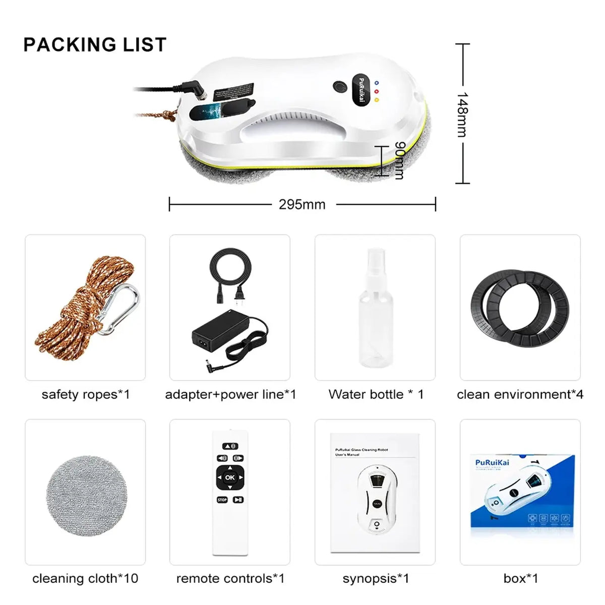PuRuiKai : robot aspirateur ménager avec pulvérisation d'eau automatique pour le nettoyage des vitres, télécommande, essuie-glace électrique pour vitres, essuie-glace ménager pour vitres