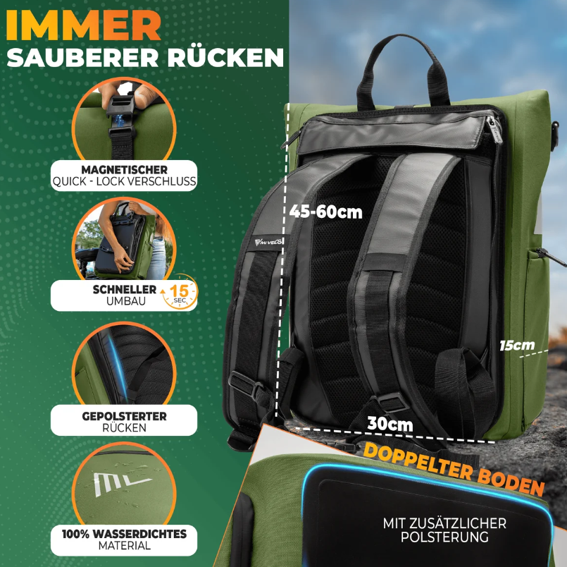 Sac à dos pour vélo MiVelo EVO - 25 L - 100 % imperméable - 3 en 1 - Compartiment pour ordinateur portable - 60 x 30 x 15 cm