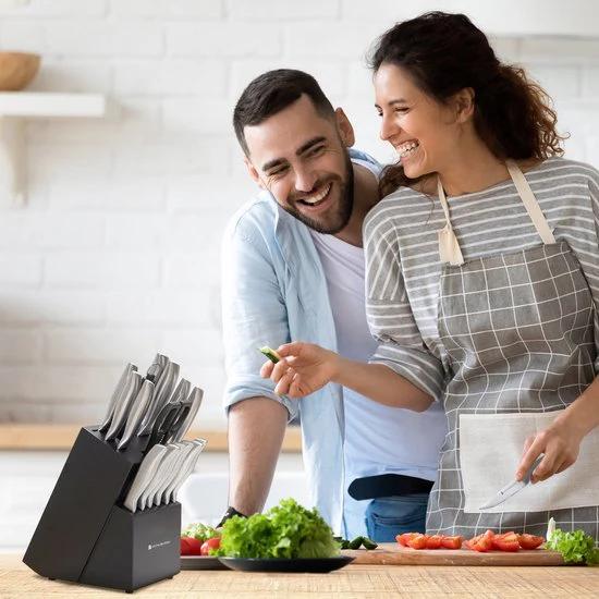KitchenBrothers Set de couteaux de 16 pièces - avec ciseaux et acier d'affûtage - Argent/Acier inoxydable