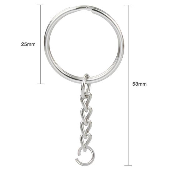 Porte-clés avec chaîne - 100 anneaux fendus pour porte-clés en acier inoxydable - Ensemble d'anneaux fendus pour pendentifs de clés - 25 mm - 100 pièces - Comprend un anneau de clé avec une maison
