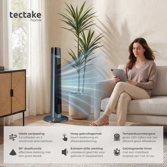 Ventilateur colonne tectake® Arktis - Grand ventilateur sur pied avec télécommande - 3 vitesses - Minuterie - Orientation à 90° - Oscillation - Hélice - Ventilateur colonne - Anthracite