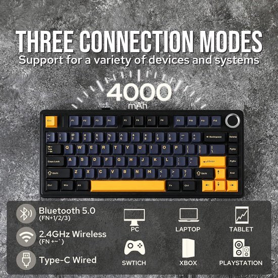 AULA F75 - Clavier gaming sans fil - Mécanique - Gasket - Hot Swap - Claviers QWERTY - Tri-mode - 80 touches - Noir tonnerre