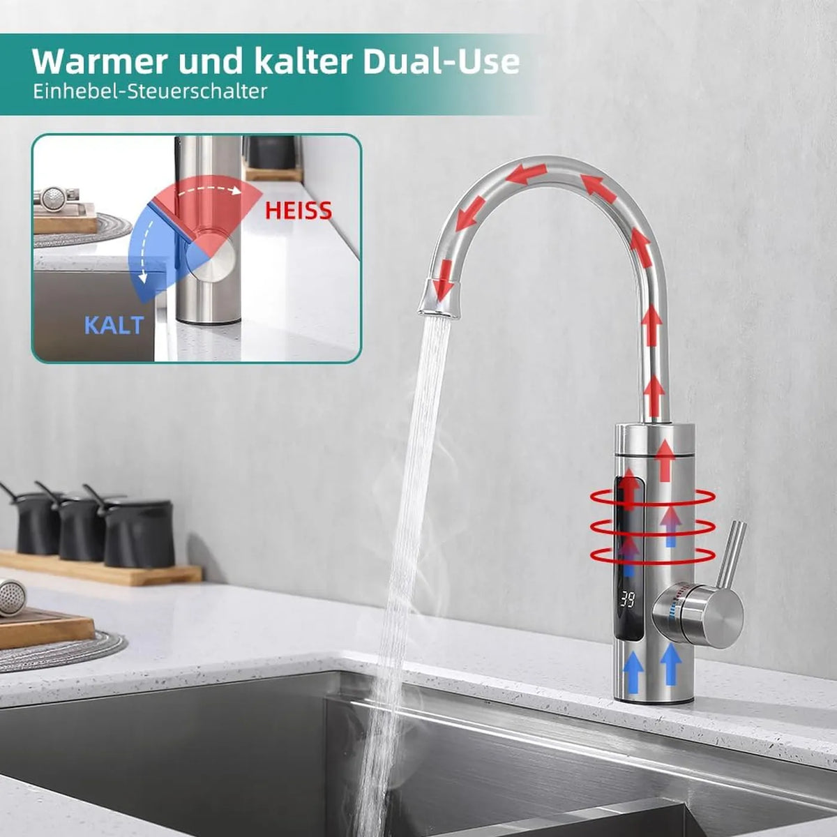 Robinet de cuisine électrique HOMELODY avec chauffe-eau instantané - 3 000 W - 230 V - Écran LED - Acier inoxydable - Argent brossé