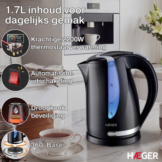 Bouilloire Haeger Blackness - Rotation à 360° - 1,7 L - 2 200 W - Électrique - Cool Touch - Noir