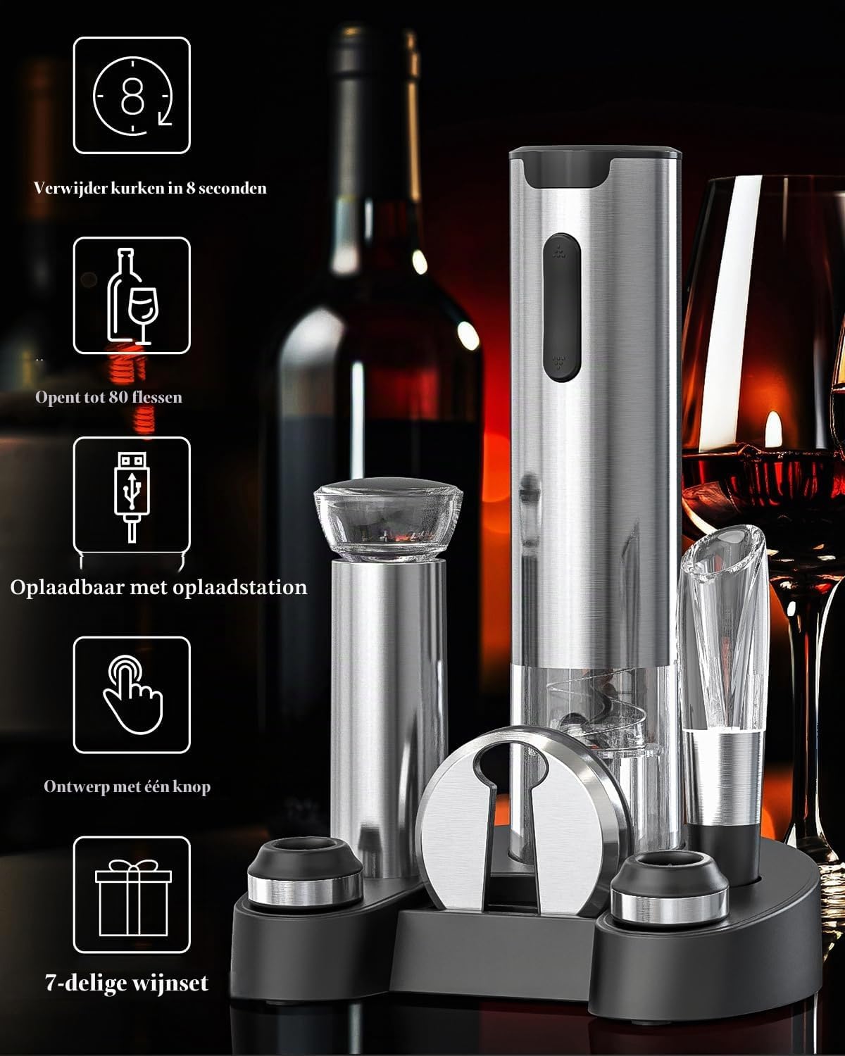 Ensemble d'ouvre-bouteilles électrique Circle Joy - Rechargeable avec station de recharge - Argent