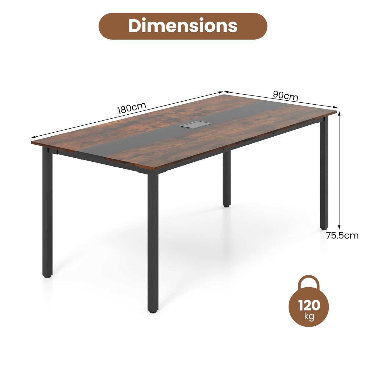 Table de réunion Coast - rectangulaire - gestion des câbles - bois rustique et noir - 180 x 90 cm
