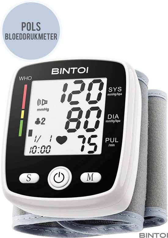 Bintoi® BXE100 - Tensiomètre de poignet - Cardiofréquencemètre - Rechargeable par USB - Étui de rangement inclus - 2 utilisateurs