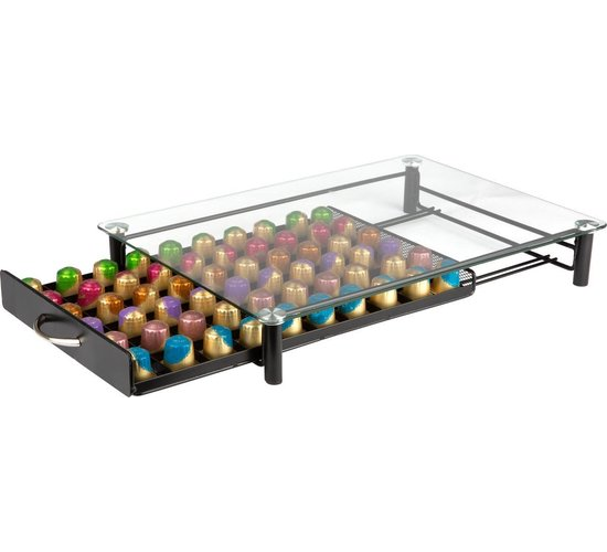 KitchenBrothers Porte-capsules - avec tiroir - Nespresso - 60 tasses - Verre - inox/noir