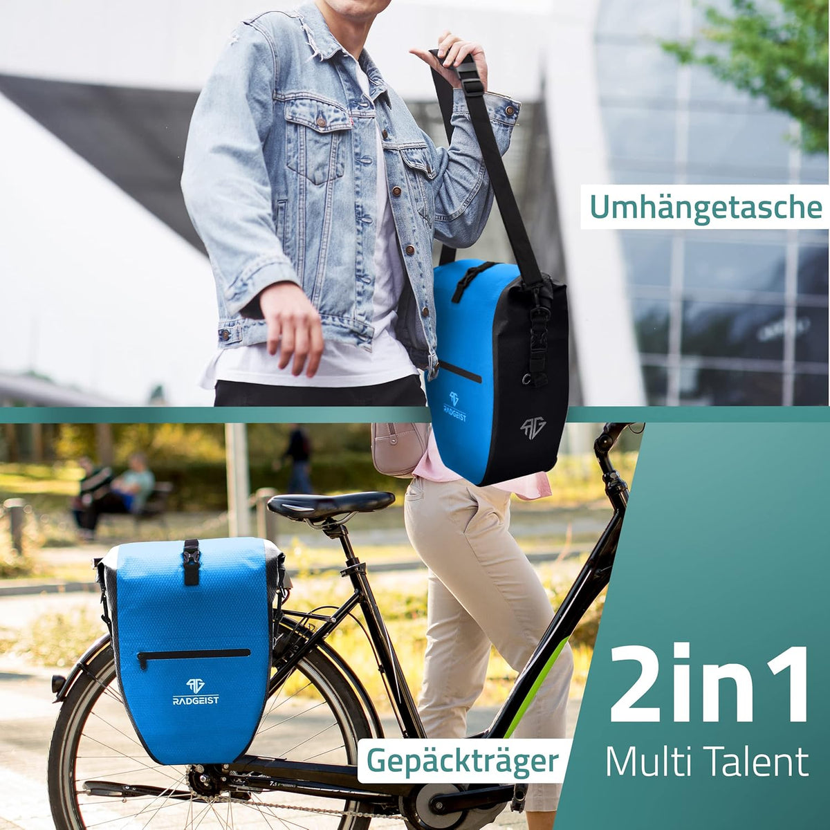RADGEIST Sacoche pour porte-bagages 23-28L - Sacoche étanche pour vélo et épaule - Bleu - 45 x 32 x 18 cm