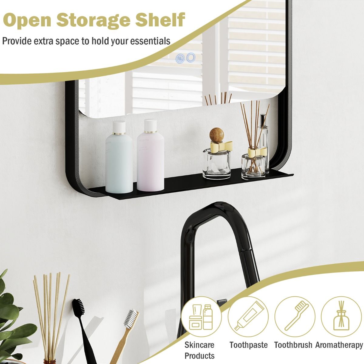 Miroir de salle de bains Coast à LED avec étagère - fonction anti-buée - température de couleur réglable - noir - 88,5 x 50 cm