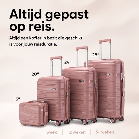 SKYCASES Travelin' Charm 4-Piece Trolley Set - Hand Luggage & Check-in Suitcases - 32L/60L/98L - Number Lock - 360° Noiseless Wheels - Lightweight & Sturdy - Modern Design - Pink V2