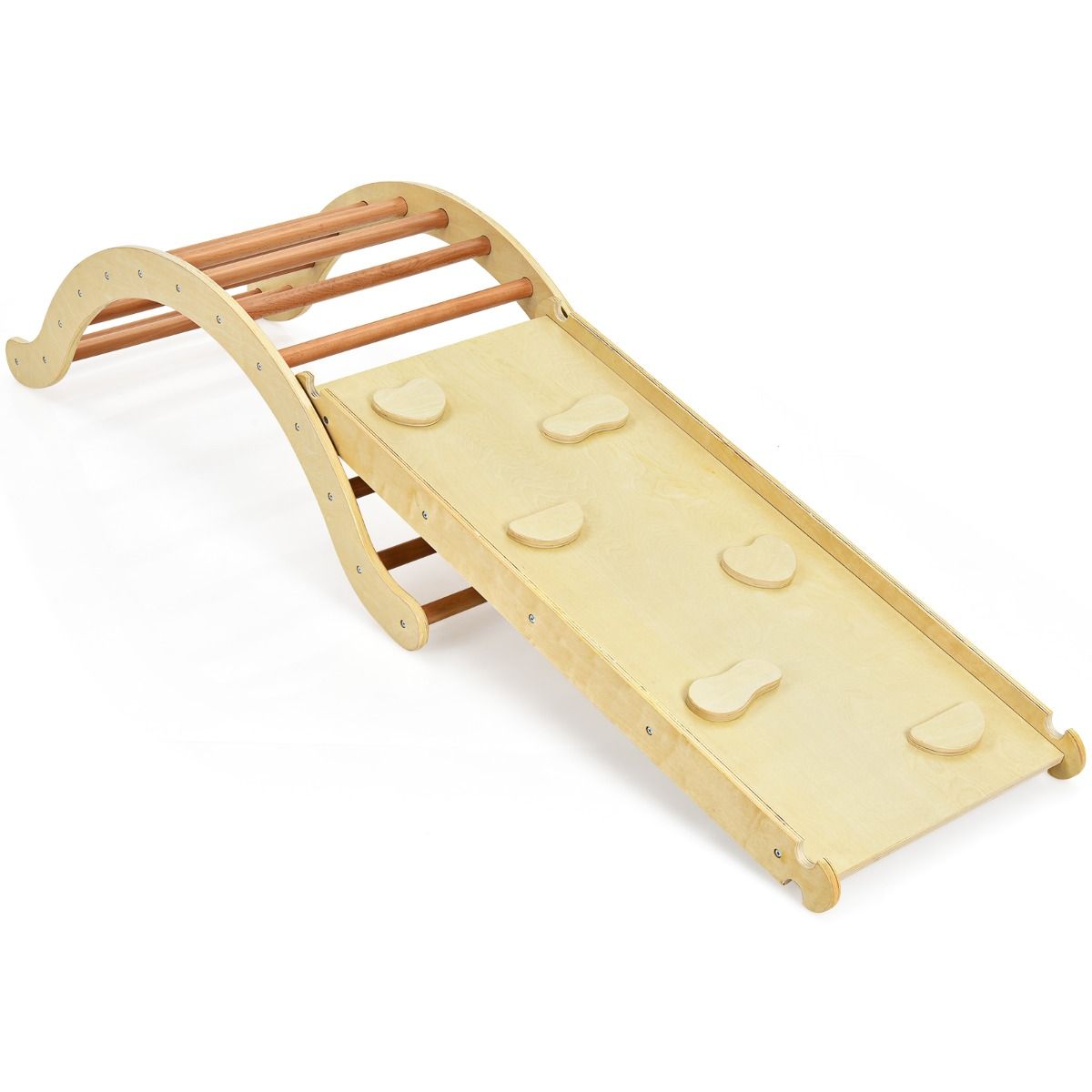 Ensemble d'échelle d'escalade 3-en-1 Coast pour enfants - Arche avec rampe d'escalade et balancelle - naturel + bleu