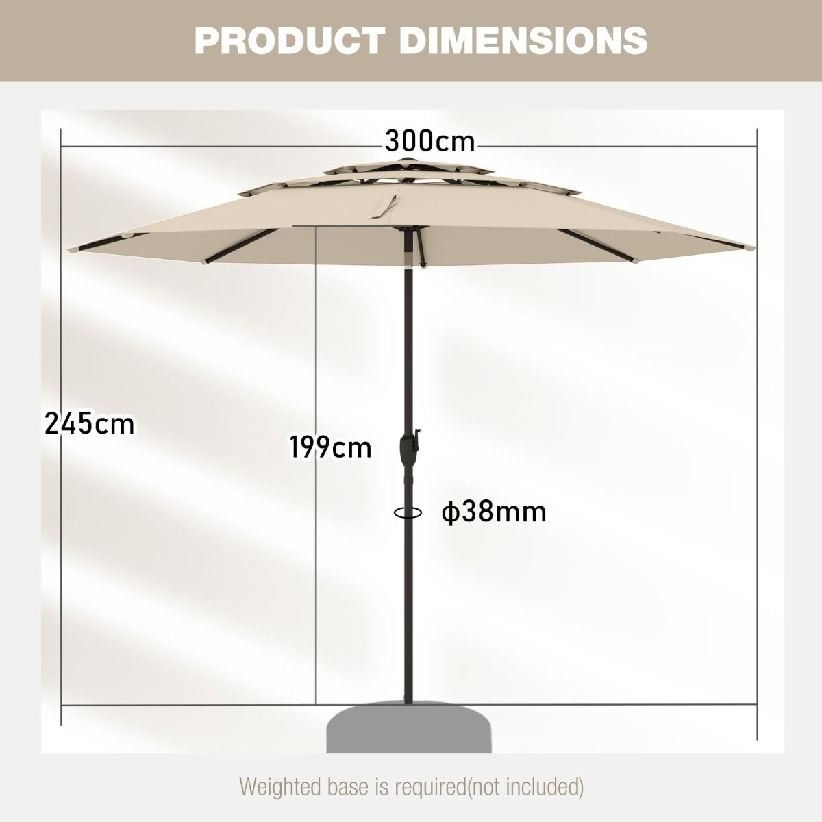 Parasol de table Coast - 3 couches ventilées - Inclinable à l'aide d'une manivelle - 300 cm de diamètre - Beige