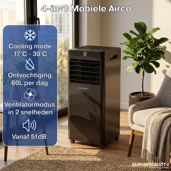 Climatiseur portable Eriksson - 10 000 BTU - Kit d'étanchéité pour fenêtre inclus - Jusqu'à 30 m² - 4-en-1 - Climatisation - Ventilateur - Déshumidificateur - Noir